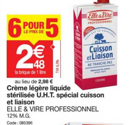 crème légère liquide stérilisée u.h.t. spécial cuisson et liaison elle & vire professionnel