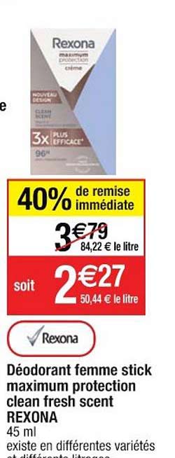 déodorant femme stick maximum protection clean fresh scent rexona