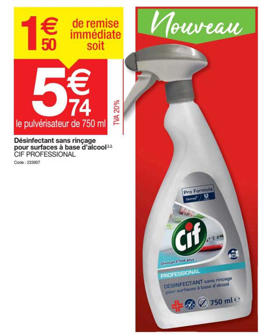 désinfectant sans rinçage pour surfaces à base d'alcool cif professional