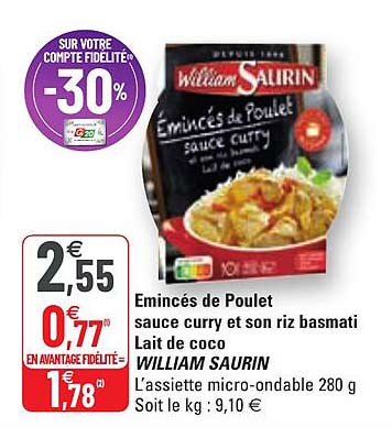 émincés de poulet sauce curry et son riz baslmati lait de coco william saurin