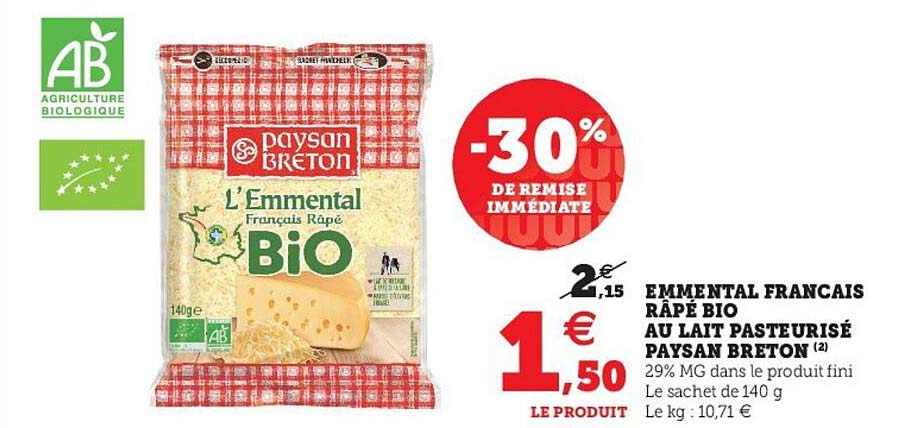 emmental français râpé bio au lait pasteurisé paysan breton