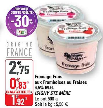 fromage frais aux framboises ou fraises 6,5% m.g. isigny ste mère