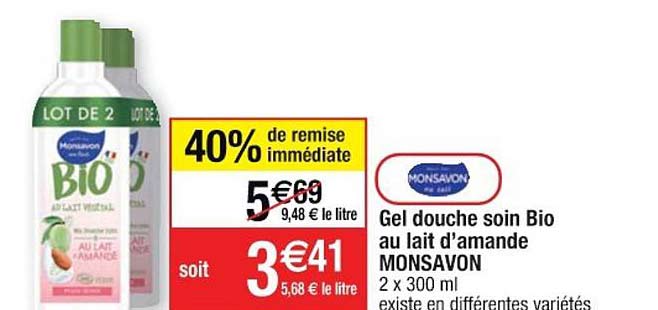 Gel Douche Soin Bio Au Lait D'amande Monsavon