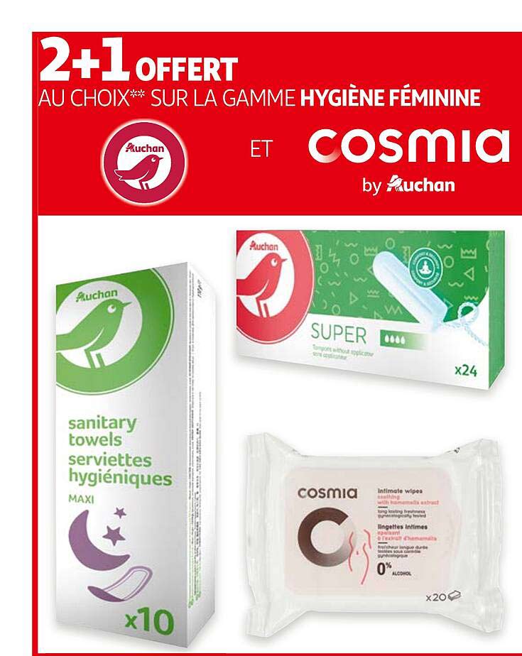 la gamme hygiène féminine  et cosmia by auchan