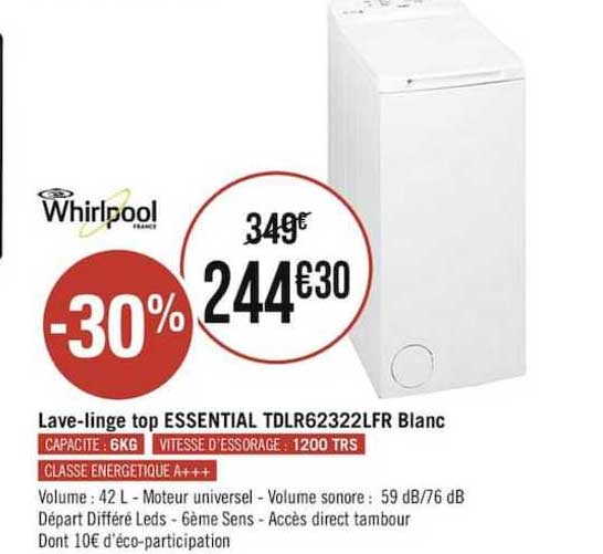 lave-linge top essential tdlr62322lfr blanc whirlpool