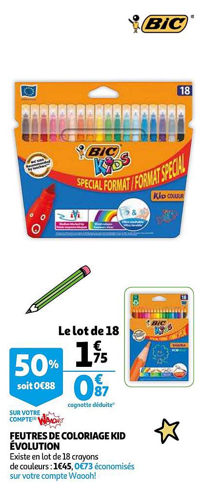 le lot de 18 feutres de coloriage kid évolution bic
