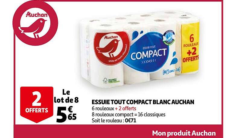 le lot de 8 essuie tout compact blanc auchan