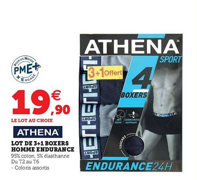 lot de 3+1 boxers homme endurance athena