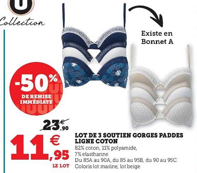 lot de 3 soutien gorges paddes ligne coton