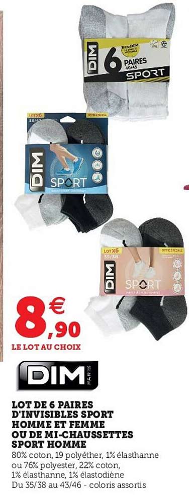 lot de 6 paires d'invisibles sport homme et femme ou de mi-chaussettes sport homme dim