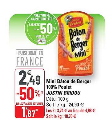 mini bâton de berger 100% poulet justin bridou