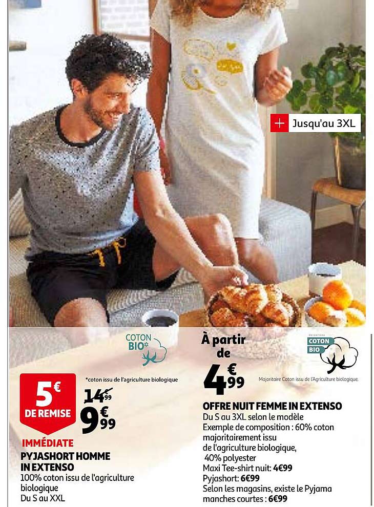 offre nuit femme in extenso, pyjashort homme in extenso