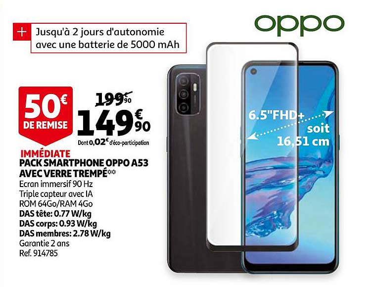 pack smartphone oppo a53 avec verre trempé