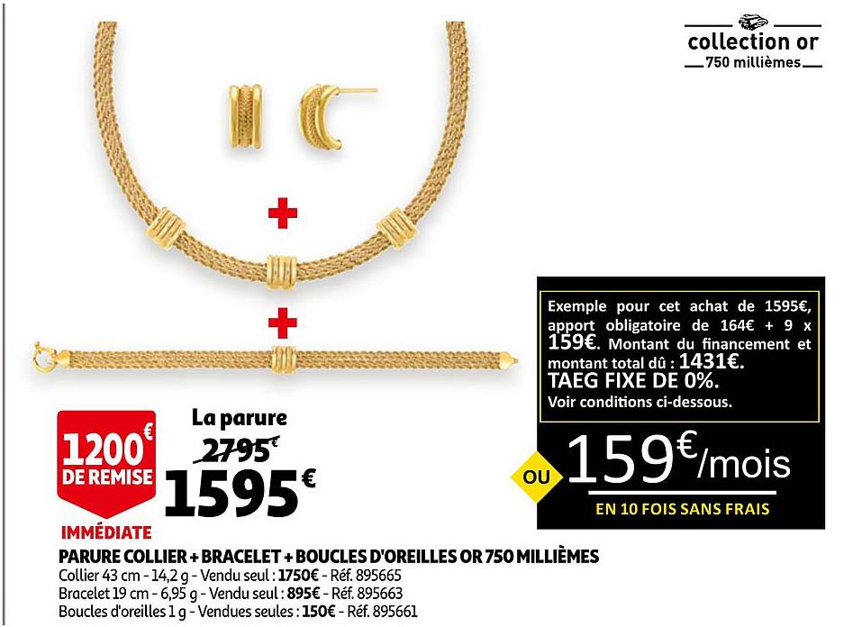 parure collier + bracelet + boucles d'oreilles or 750 millièmes