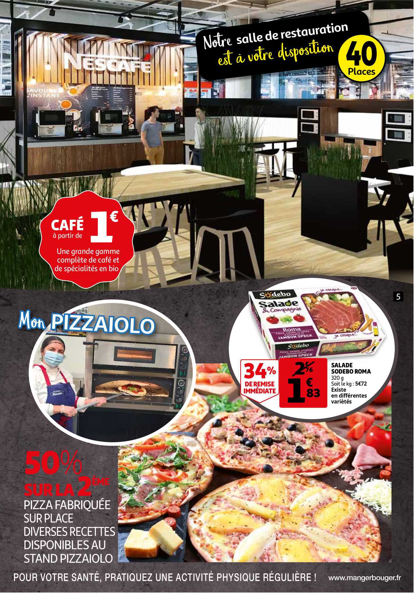 pizza fabriquée sur place diverses recettes disponibles au stand pizzaiolo, salade sodebo roma