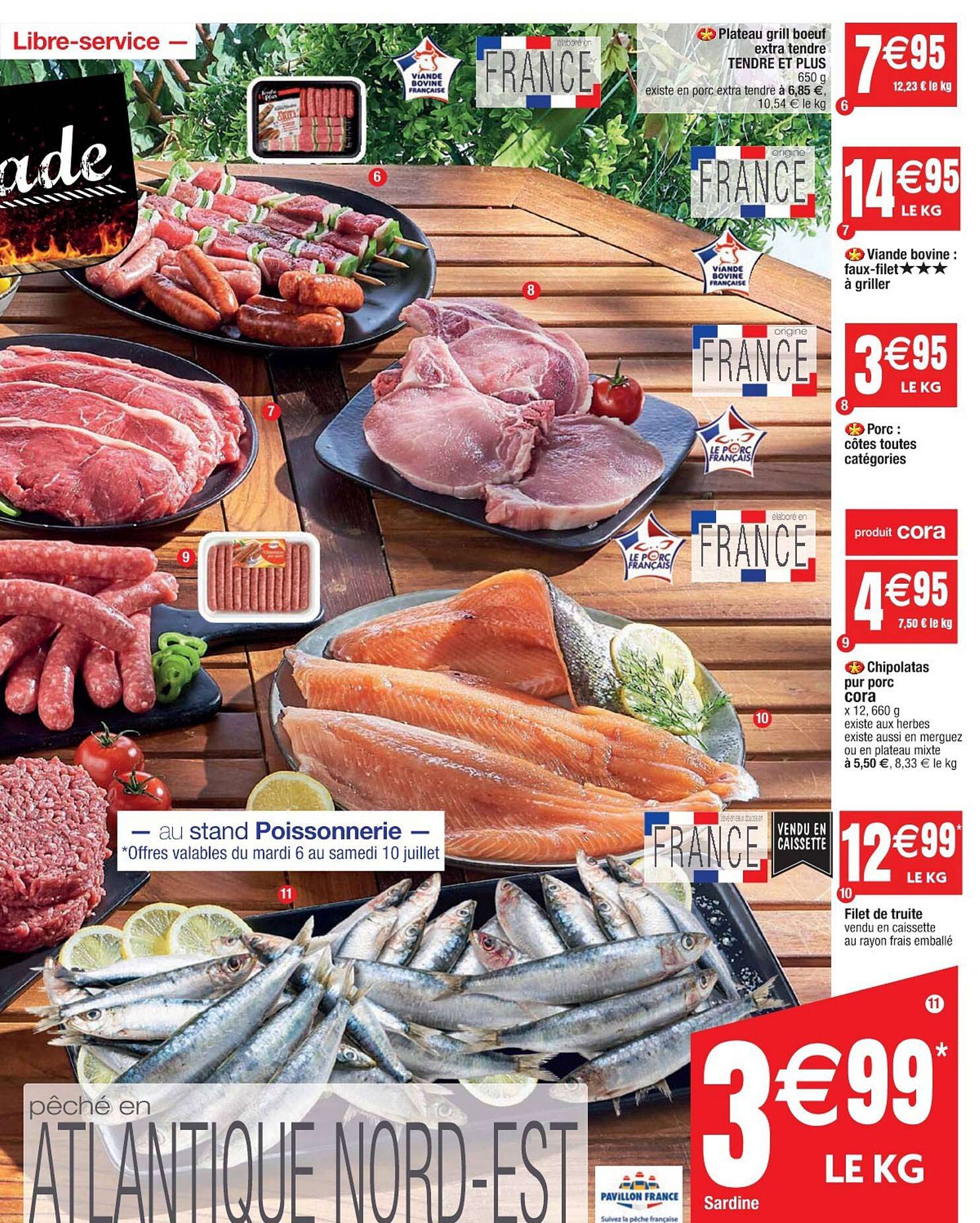 plateau grill boeuf extra tendre tendre & plus, viande bovine : faux-filet à griller, porc : offre toutes catégories, chipolatas per porc cora, filet de truite