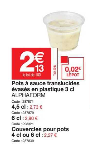 Pots à Sauce Translucides évasés En Plastique 3 Cl Alphaform, Couvercles Pour Pots