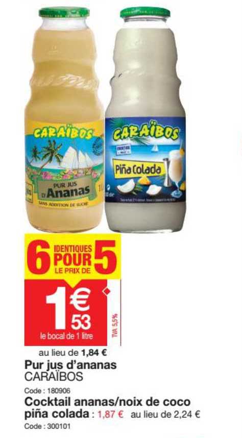 pur jus d'ananas caraïbos, cocktail ananas-noix de coco pina colada