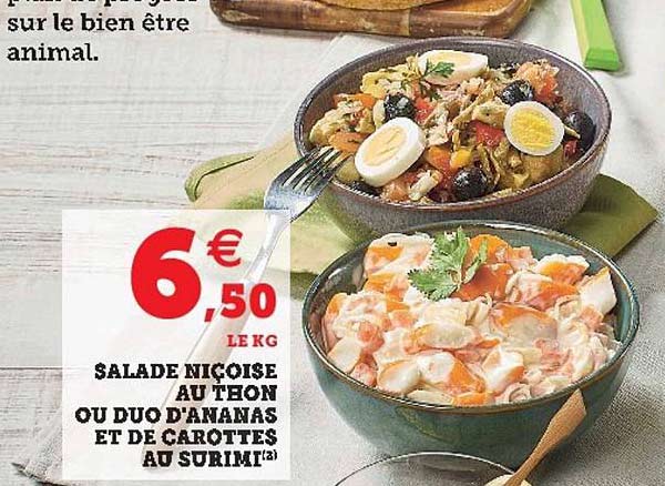 salade niçoise au thon ou duo d'ananas et de carottes au surimi