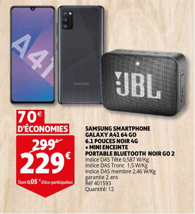 samsung smartphone galaxy a41 64 go 6.1 pouces noir 4g + mini enceinte portable bluetooth noir go 2
