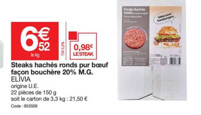 steaks hachés ronds pur bœuf façon bouchère 20% m.g. elivia