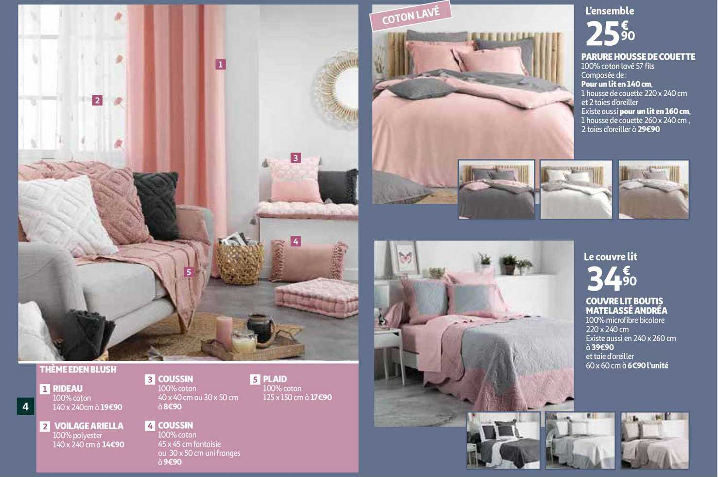 thème blush : rideau, voilage ariella, coussin, plaid, parure housse de couette, couvre boutis matelassé andréa