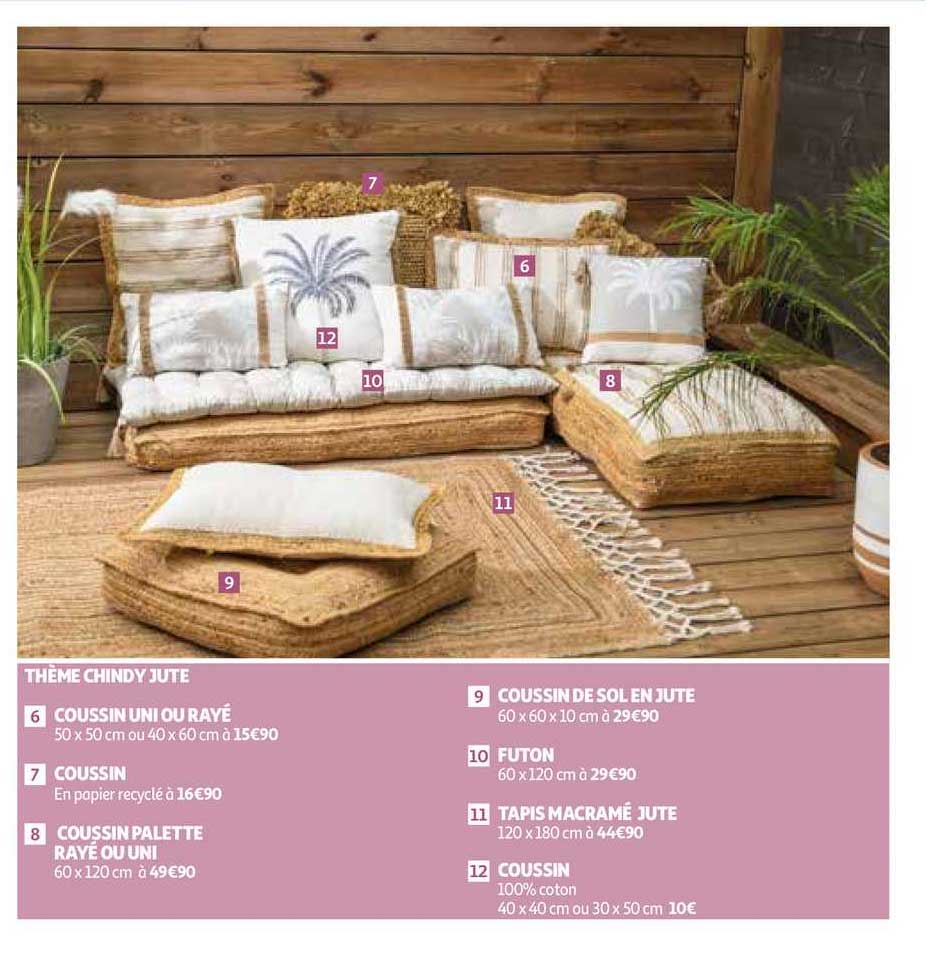 Thème Chindy Jute : Coussin Uni Ou Rayé, Coussin, Coussin Palette Rayé Ou Uni, Coussin De Sol En Jute, Futon, Tapis Macramé Jute, Coussin