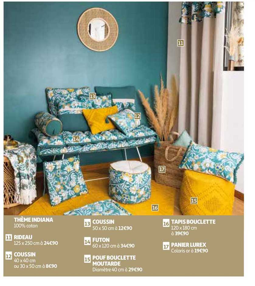 thème indiana : rideau, coussin, futon, pouf bouclette moutarde, tapis bouclette, panier lurex
