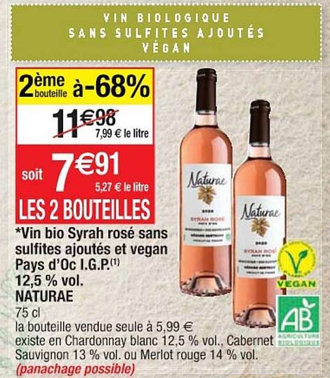 vin bio syrah rosé sans sulfites ajoutés et vegan pays d'oc i.g.p. 12,5% vol. naturae