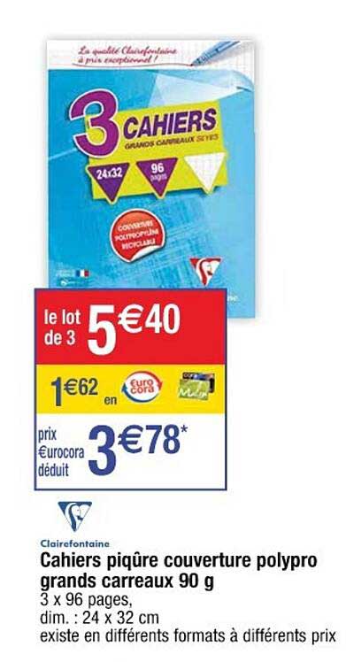 cahiers piqûre couverture polypro grands carreaux 90 g clairefontaine