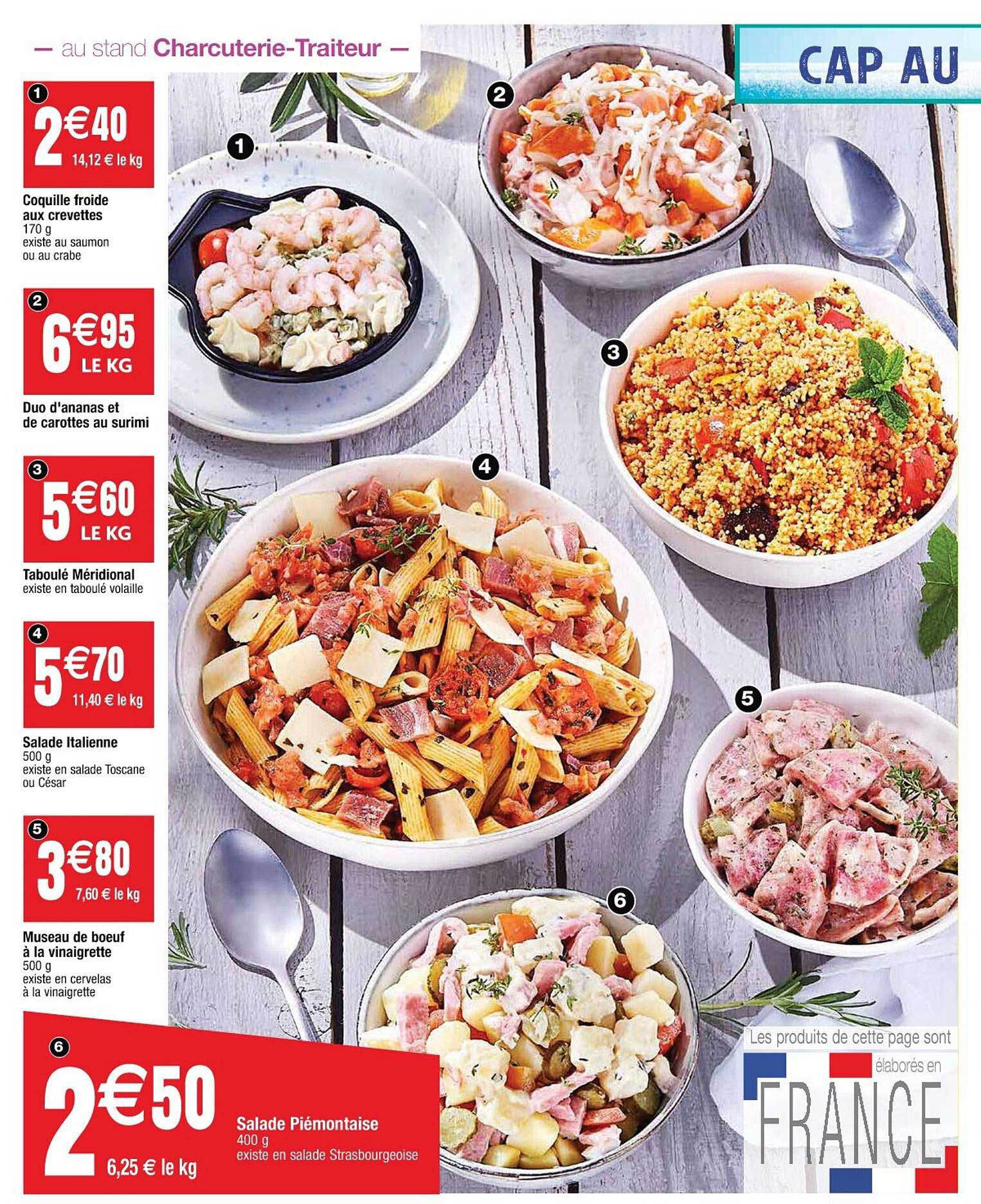 coquille froide aux crevettes, duo d'ananas et de carottes au surimi, taboulé méridional, salade italienne, museau de boeuf à la vinaigrette, salade piémontaise