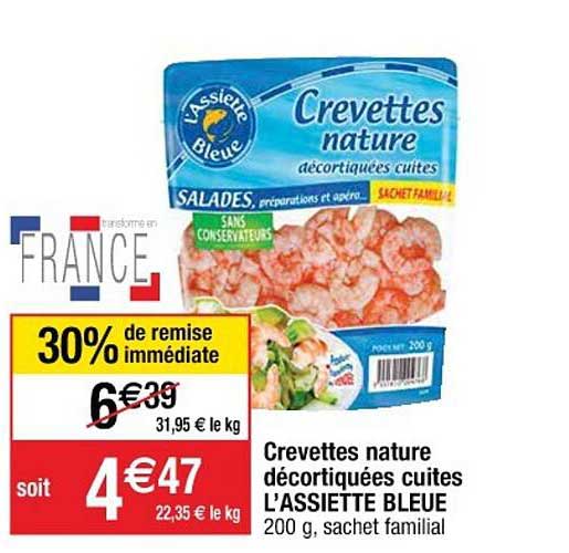 crevettes nature décortiquées cuites l'assiette bleue