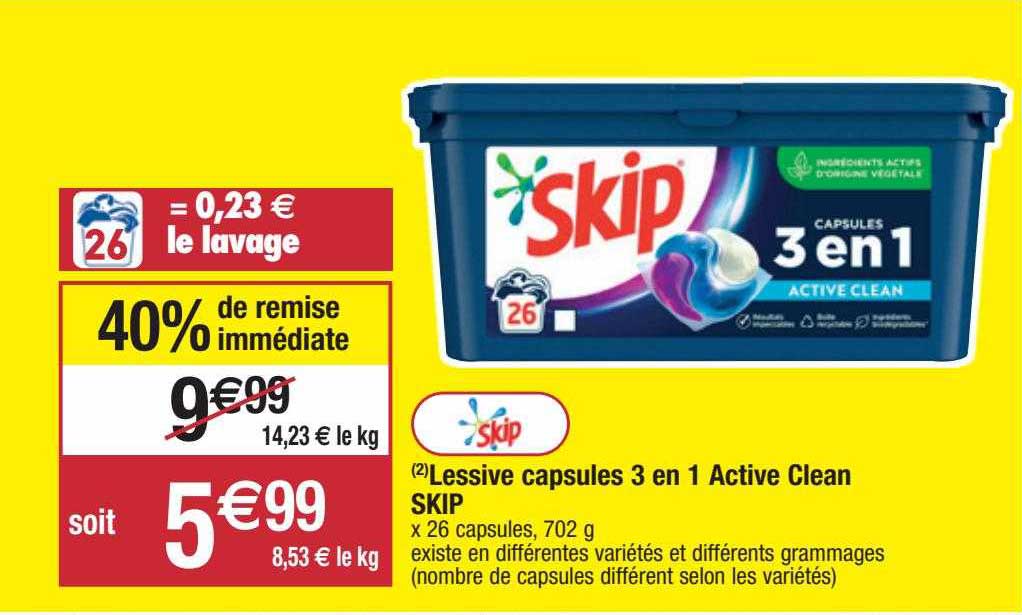 Lessive Capsules 3 En 1 Active Clean Skip