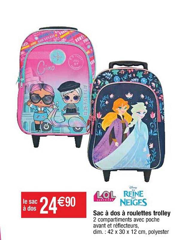 sac à dos à roulettes trolley lol, reine des neiges