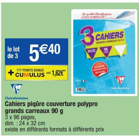 cahiers piqûre couverture polypro grands carreaux 90 g clairefontaine