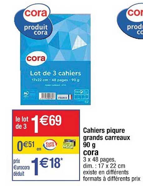 cahiers piqûre grands carreaux 90 g cora
