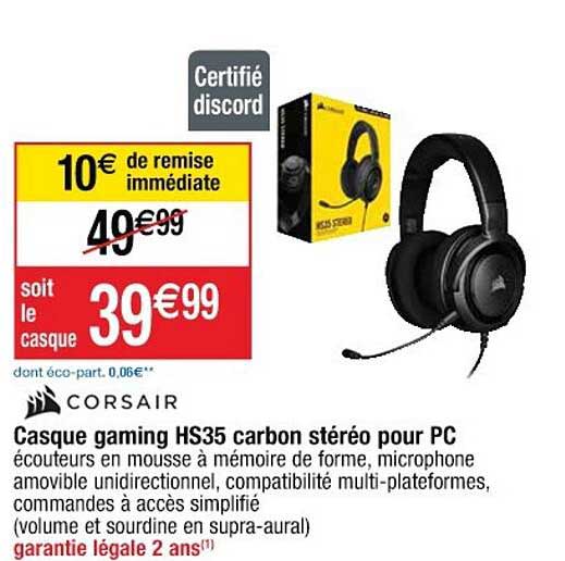 Casque Gaming Hs35 Carbon Stéréo Pour Pc Corsair