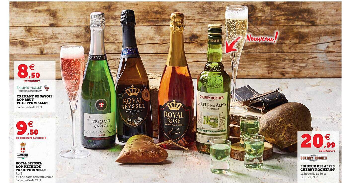 crémante de savoie aop brut philippe viallet, royal seyssel aop methode traditionnelle, liqueur des alpes cherry rocher 50°