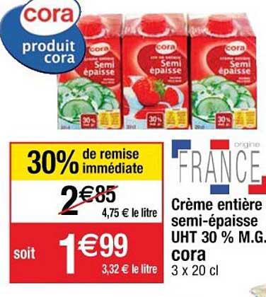 crème entière semi-épaisse uht 30% m.g. cora