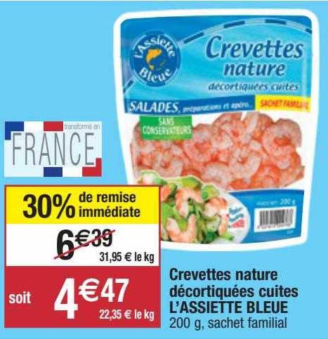 crevettes nature décortiquées cuites l'assiette bleue