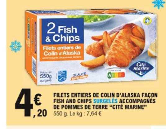filets entiers de colin d'alaska façon fish and chips surgelés accompagnés de pommes de terre "cité marine"