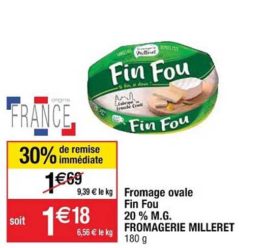 fromage ovale fin fou 20% m.g. fromagerie milleret