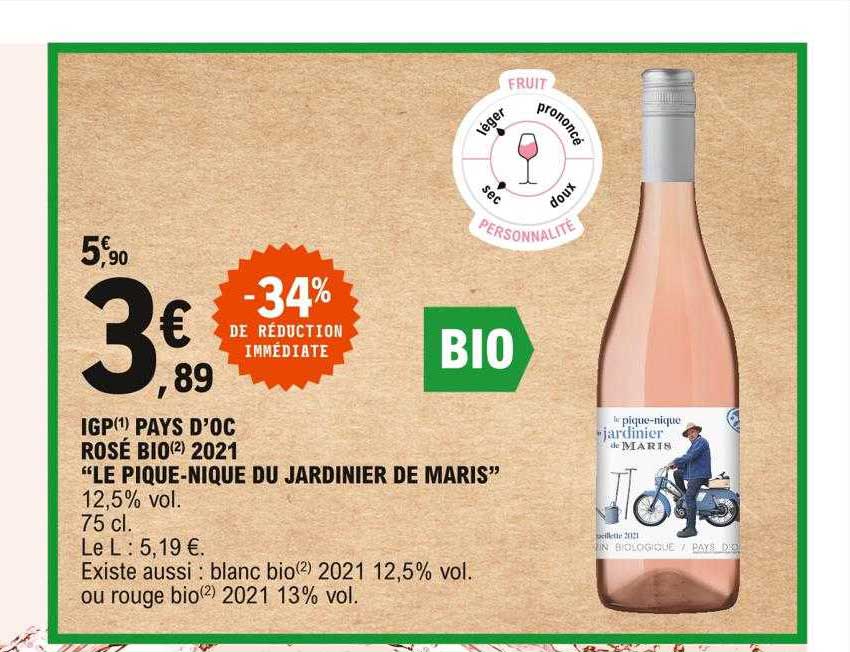 igp pays d'oc rosé bio 2021 "le pique-nique du jardinier de maris"
