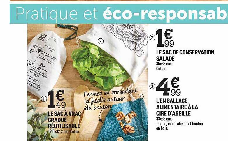 le sac à vrac gradué réutilisable, le sac de conservation salade, l'emballage alimentaire à la cire d'abeille