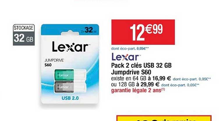 pack 2 clés usb 32 gb jumpdrive s60 lexar