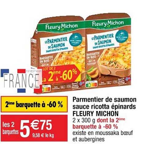 parmentier de saumon sauce ricotta épinards fleury michon