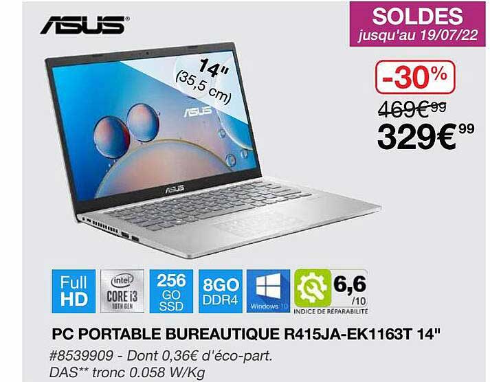 pc portable bureautique r415ja-ek1163t 14" asus