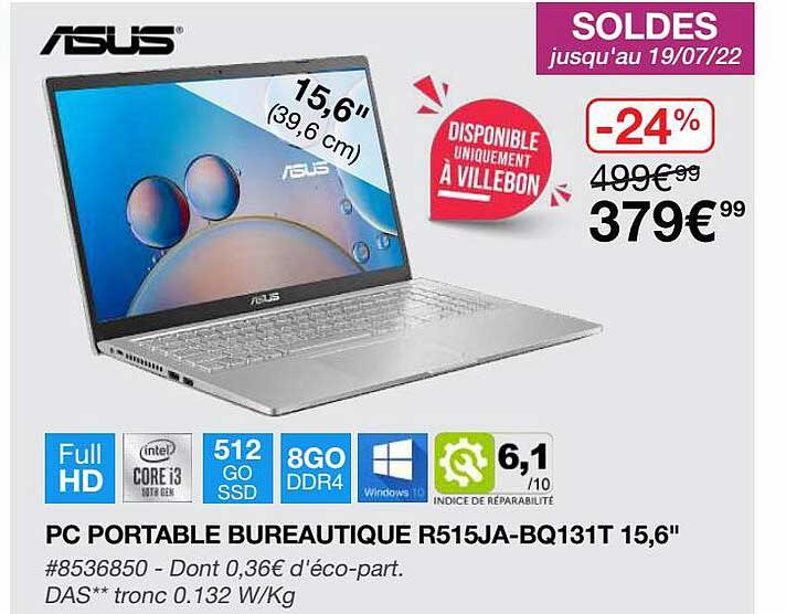 pc portable bureautique r515ja-bq131t 15,6" asus