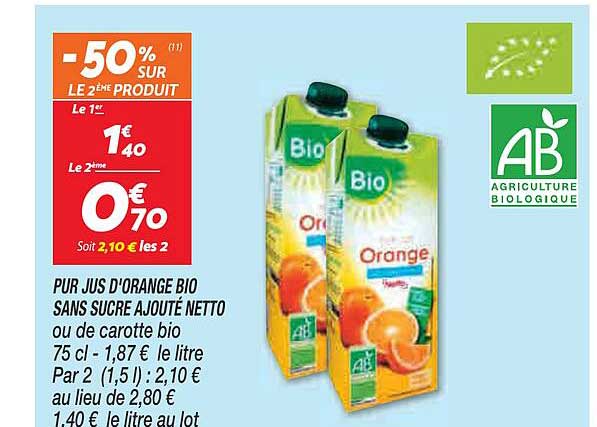Pur Jus D'orange Bio Sans Sucre Ajouté Netto