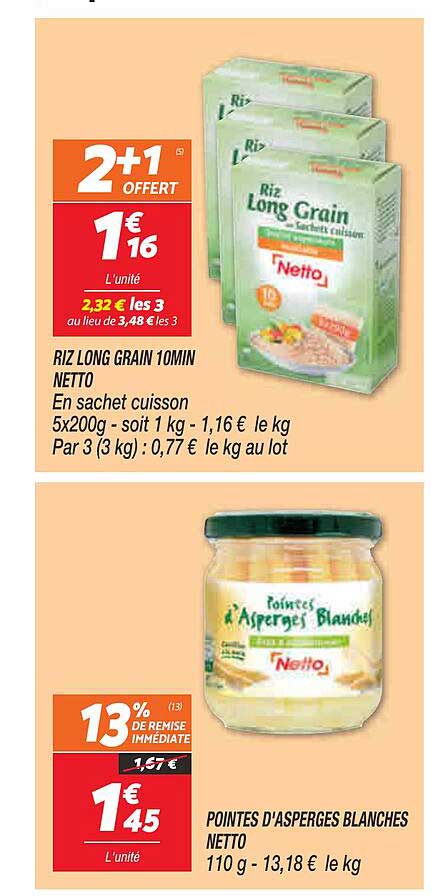 riz long grain 10min netto, pointes d'asperges blanches netto